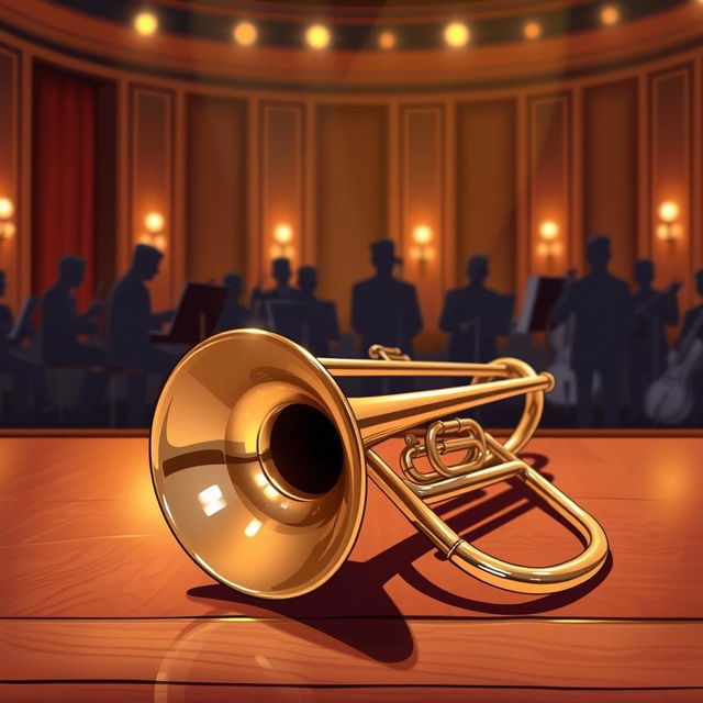 A detailed illustration of a shiny trombone resting on a wooden stage, reflecting warm stage lights