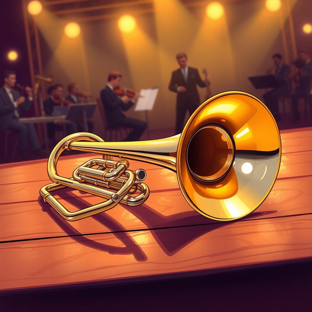 A detailed illustration of a shiny trombone resting on a wooden stage, reflecting warm stage lights