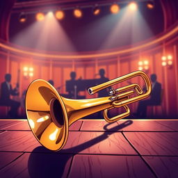 A detailed illustration of a shiny trombone resting on a wooden stage, reflecting warm stage lights