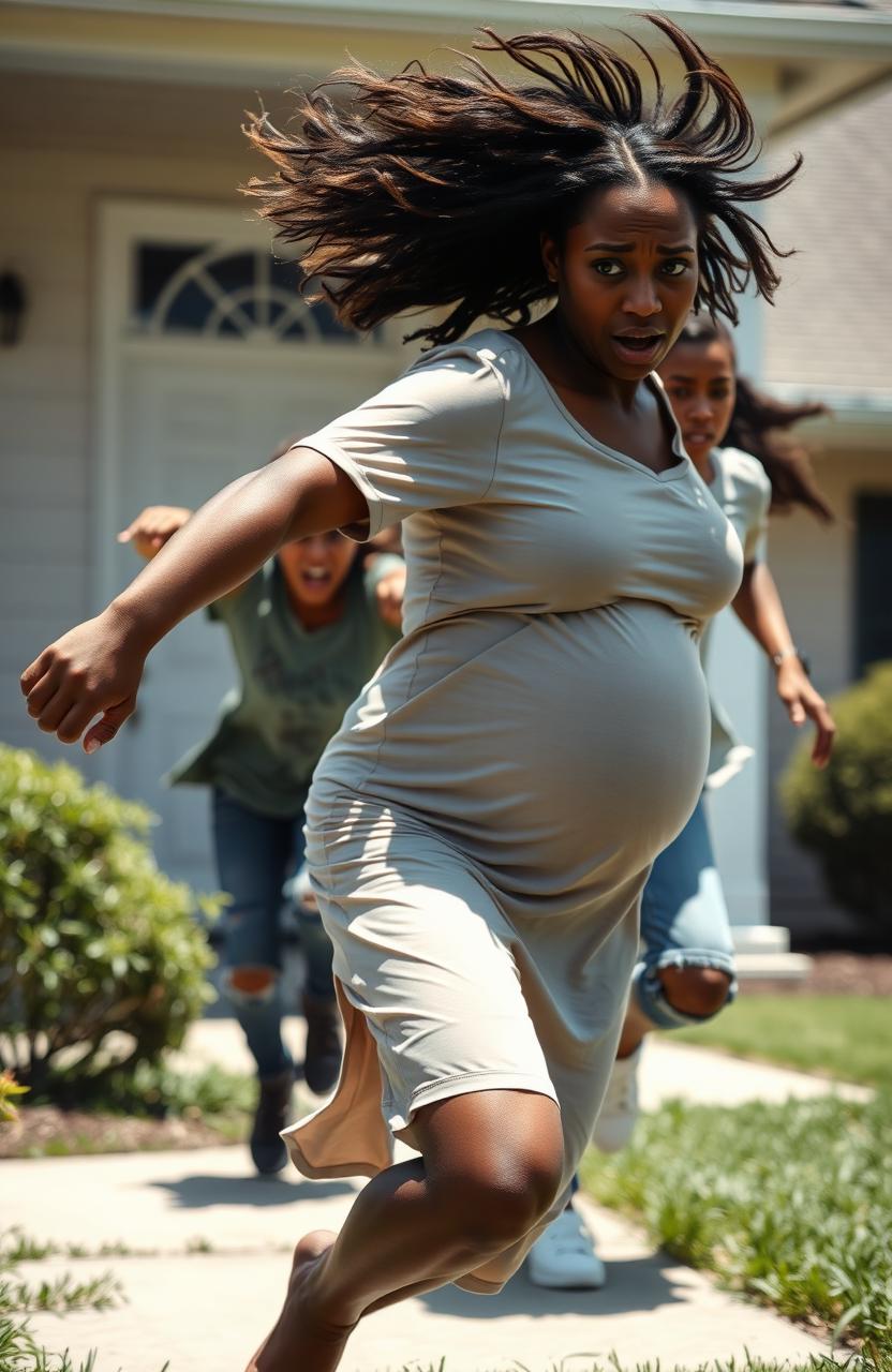 A scared pregnant black woman running out of a house with a distressed expression, her hair flowing behind her, wearing a light-colored dress