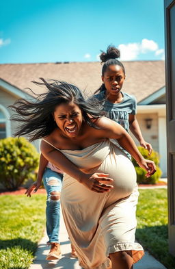 A scared pregnant black woman running out of a house with a distressed expression, her hair flowing behind her, wearing a light-colored dress