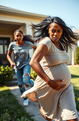 A scared pregnant black woman running out of a house with a distressed expression, her hair flowing behind her, wearing a light-colored dress