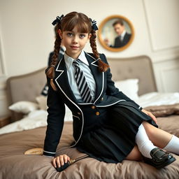 An ultra-realistic full-body portrait of a European schoolgirl with brown hair styled in braids, decorated with playful bows, and captivating green eyes