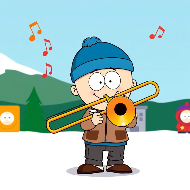 A playful, cartoon-style illustration of Craig from South Park joyfully playing a trombone