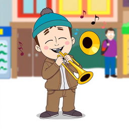A playful, cartoon-style illustration of Craig from South Park joyfully playing a trombone