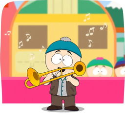 A playful, cartoon-style illustration of Craig from South Park joyfully playing a trombone