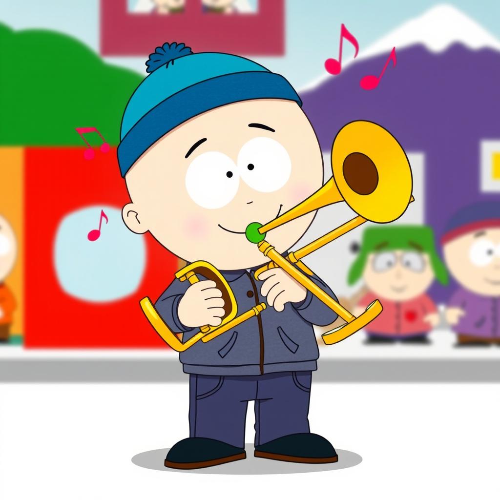 A playful, cartoon-style illustration of Craig from South Park joyfully playing a trombone