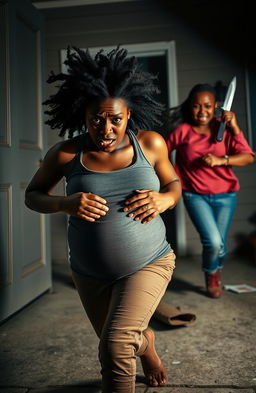 A tense scene depicting a scared pregnant black woman running out of a house, her expression filled with fear and urgency