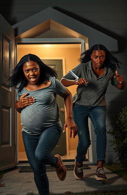 A tense scene depicting a scared pregnant black woman running out of a house, her expression filled with fear and urgency