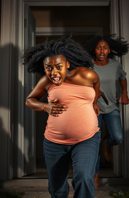 A tense scene depicting a scared pregnant black woman running out of a house, her expression filled with fear and urgency