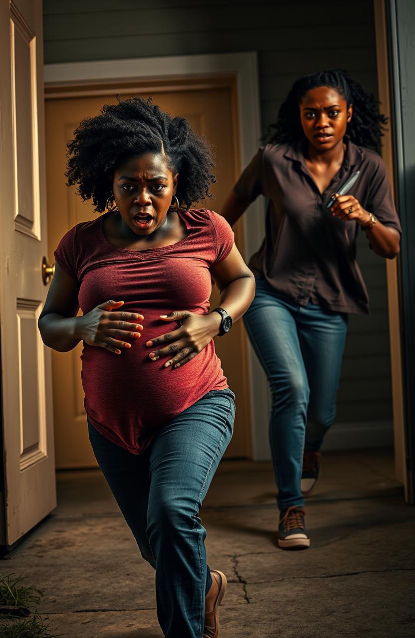 A tense scene depicting a scared pregnant black woman running out of a house, her expression filled with fear and urgency