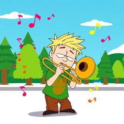 A vibrant, humorous illustration of Tweek from South Park, energetically playing a trombone