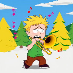 A vibrant, humorous illustration of Tweek from South Park, energetically playing a trombone