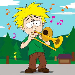 A vibrant, humorous illustration of Tweek from South Park, energetically playing a trombone