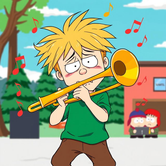 A vibrant, humorous illustration of Tweek from South Park, energetically playing a trombone