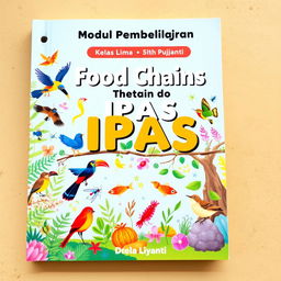 A vibrant and engaging educational cover for a learning module about food chains, specifically designed for fifth-grade students