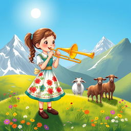 A charming illustration of Heidi, a young girl with pigtails, happily playing a bright, shiny trombone in a picturesque Alpine landscape