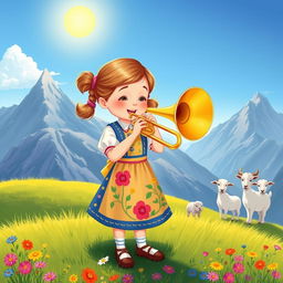A charming illustration of Heidi, a young girl with pigtails, happily playing a bright, shiny trombone in a picturesque Alpine landscape