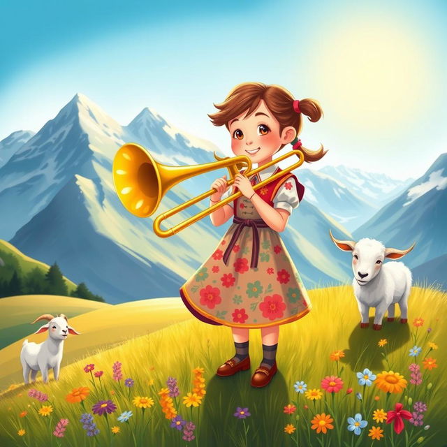 A charming illustration of Heidi, a young girl with pigtails, happily playing a bright, shiny trombone in a picturesque Alpine landscape