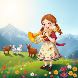 A charming illustration of Heidi, a young girl with pigtails, happily playing a bright, shiny trombone in a picturesque Alpine landscape