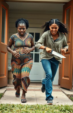 A tense scene depicting a scared pregnant black woman wearing a traditional African dress, her expression showing fear as she rushes out of a house