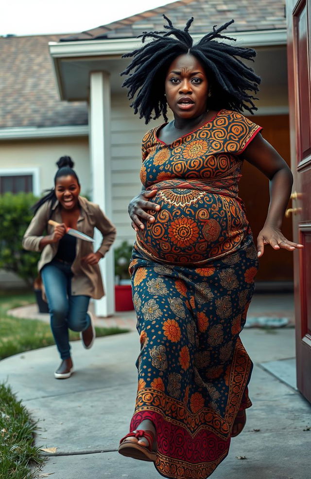 A tense scene depicting a scared pregnant black woman wearing a traditional African dress, her expression showing fear as she rushes out of a house