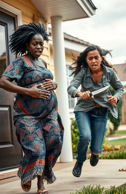 A tense scene depicting a scared pregnant black woman wearing a traditional African dress, her expression showing fear as she rushes out of a house