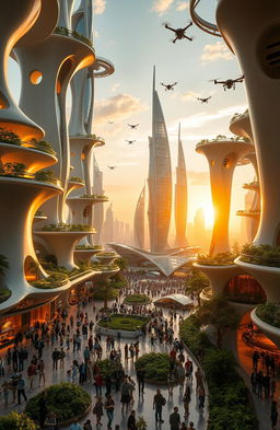 An intricately designed imaginative cityscape called the Gadoladeniya Project, featuring futuristic architecture blending organic shapes with high-tech materials