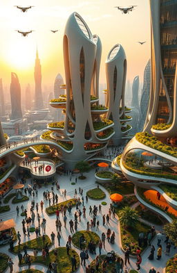An intricately designed imaginative cityscape called the Gadoladeniya Project, featuring futuristic architecture blending organic shapes with high-tech materials