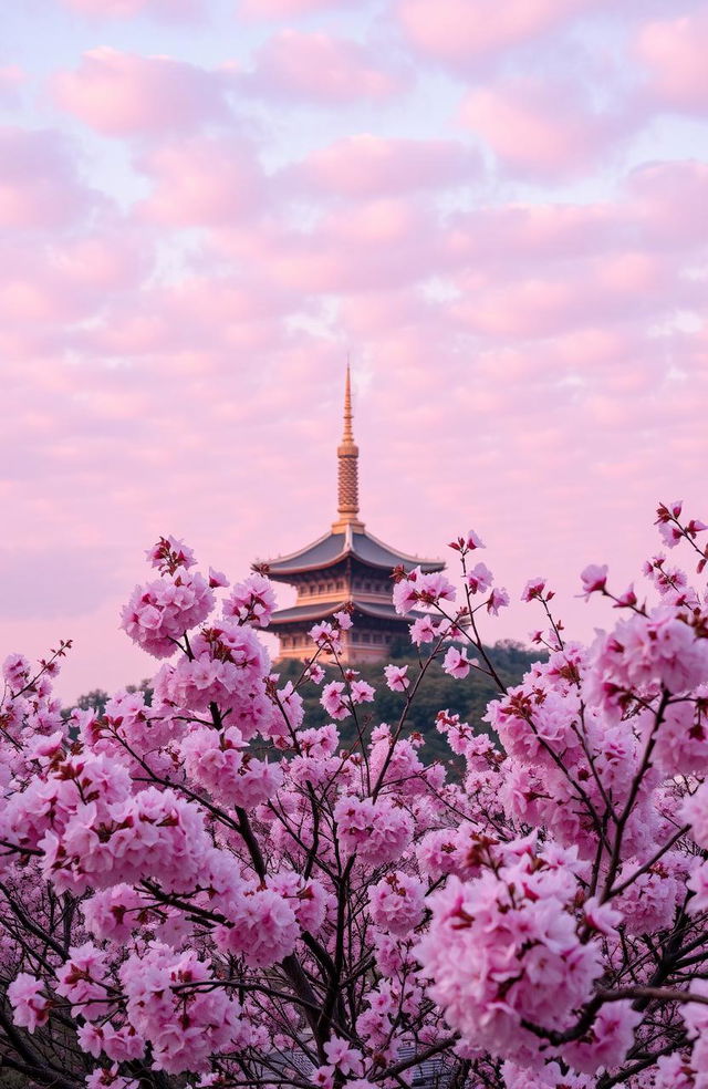 A breathtaking view of cherry blossoms in full bloom against the backdrop of Namsan Tower, set under a vibrant bright pink sky filled with soft, fluffy clouds