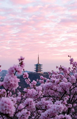 A breathtaking view of cherry blossoms in full bloom against the backdrop of Namsan Tower, set under a vibrant bright pink sky filled with soft, fluffy clouds