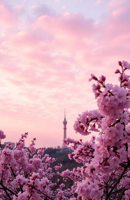 A breathtaking view of cherry blossoms in full bloom against the backdrop of Namsan Tower, set under a vibrant bright pink sky filled with soft, fluffy clouds