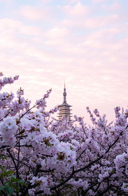 A breathtaking view of cherry blossoms in full bloom against the backdrop of Namsan Tower, set under a vibrant bright pink sky filled with soft, fluffy clouds