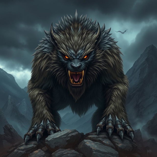 A fierce and menacing warg, towering over a rugged landscape, its deep-set, glowing eyes reflecting a primal intelligence