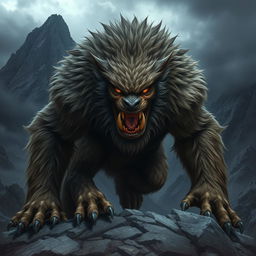 A fierce and menacing warg, towering over a rugged landscape, its deep-set, glowing eyes reflecting a primal intelligence