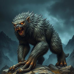 A fierce and menacing warg, towering over a rugged landscape, its deep-set, glowing eyes reflecting a primal intelligence