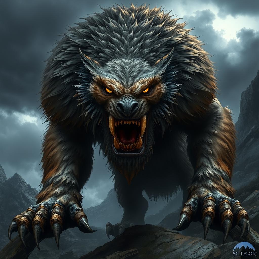 A fierce and menacing warg, towering over a rugged landscape, its deep-set, glowing eyes reflecting a primal intelligence