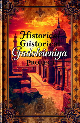 An intricately designed book cover for the 'Historical Gadoladeniya Project', featuring an artistic representation of ancient artifacts, rich textures resembling aged parchment, and vibrant colors symbolizing historical depth