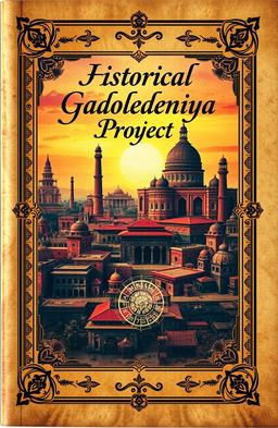 An intricately designed book cover for the 'Historical Gadoladeniya Project', featuring an artistic representation of ancient artifacts, rich textures resembling aged parchment, and vibrant colors symbolizing historical depth