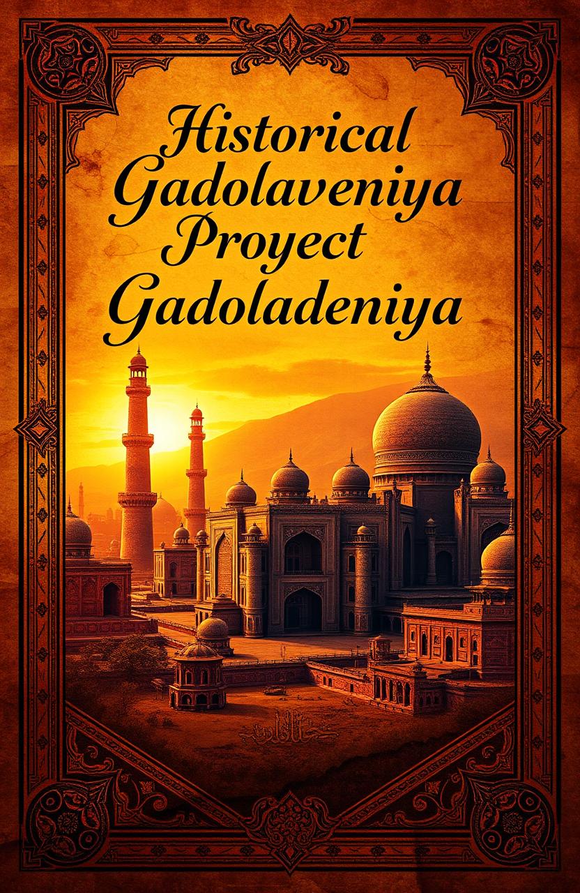 An intricately designed book cover for the 'Historical Gadoladeniya Project', featuring an artistic representation of ancient artifacts, rich textures resembling aged parchment, and vibrant colors symbolizing historical depth