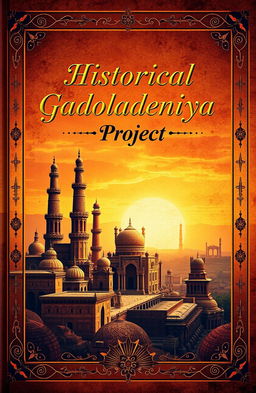 An intricately designed book cover for the 'Historical Gadoladeniya Project', featuring an artistic representation of ancient artifacts, rich textures resembling aged parchment, and vibrant colors symbolizing historical depth