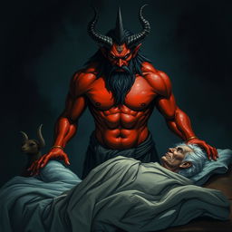 A fierce Yama (the god of death) with a menacing expression, featuring sharp horns on his head