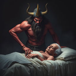 A fierce Yama (the god of death) with a menacing expression, featuring sharp horns on his head