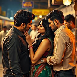 A sensual scene depicting a beautiful Indian woman, Heena Panchal, showcasing her allure and elegance, engaging in passionate interactions with multiple men at a bustling Indian railway platform