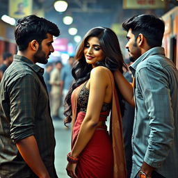 A sensual scene depicting a beautiful Indian woman, Heena Panchal, showcasing her allure and elegance, engaging in passionate interactions with multiple men at a bustling Indian railway platform