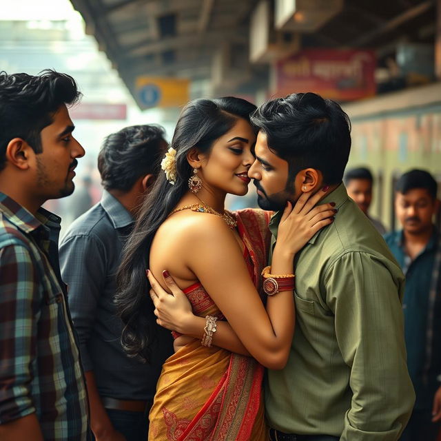 A sensual scene depicting a beautiful Indian woman, Heena Panchal, showcasing her allure and elegance, engaging in passionate interactions with multiple men at a bustling Indian railway platform