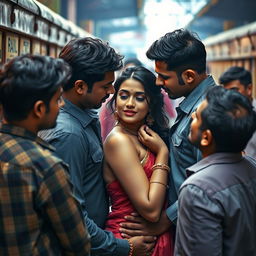 A sensual scene depicting a beautiful Indian woman, Heena Panchal, showcasing her allure and elegance, engaging in passionate interactions with multiple men at a bustling Indian railway platform