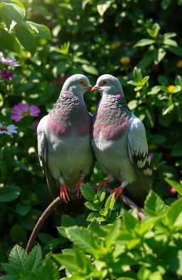 A charming scene of a couple of pigeons perched together in a lush green garden