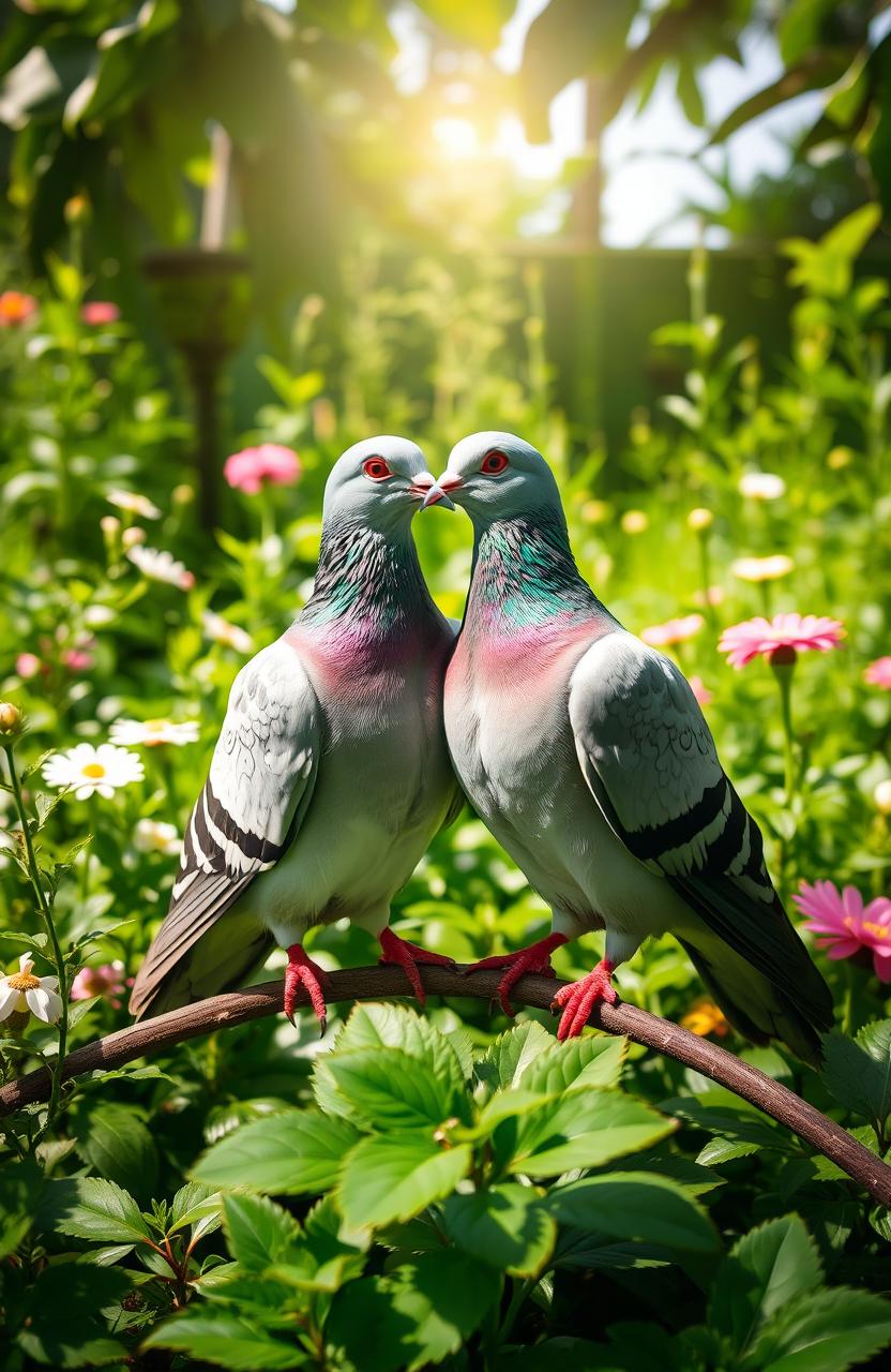 A charming scene of a couple of pigeons perched together in a lush green garden