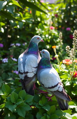 A charming scene of a couple of pigeons perched together in a lush green garden